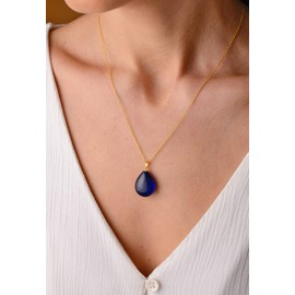 Amberistan Blue Amber Pendant Necklace with 18 inch 18K Gold Plated 925 Sterling Silver Chain, Blue Amber Necklace for Women, Amber Stone Jewelry, 100% Genuine, Pendant Necklace (Blue Puff Drop)