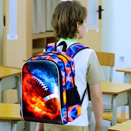 UFNDC 3PCS Kids Rugby Backpack, Boys Fire Bookbag with Lunch Box, 17" Water Resistant School Bag for Teenagers Elementary Middle