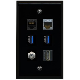 RiteAV CAT6 CAT7 Coax HDMI 2 USB 3 Flat/Solid Wall Plate [Black]