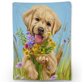 Ti Caldi Cute Puppy with Flowers Blanket, Soft Flannel Golden Retriever Dog Throw Blanket for Couch, Bed, Travel & Home Decor, Cozy Lightweight Warm Fluffy Fuzzy Blankets for Women Girls 60×50 in