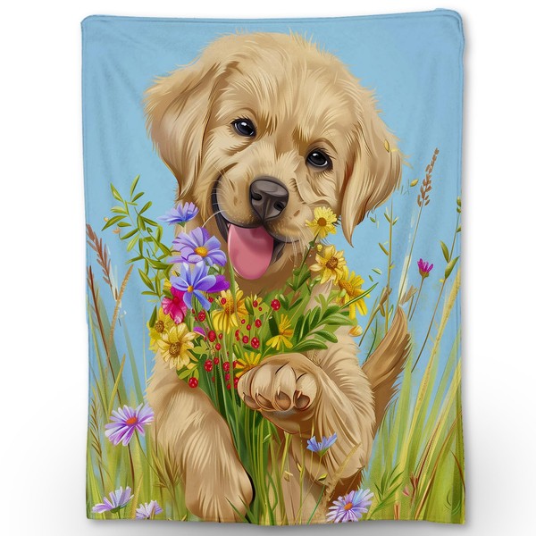 Ti Caldi Cute Puppy with Flowers Blanket, Soft Flannel Golden
