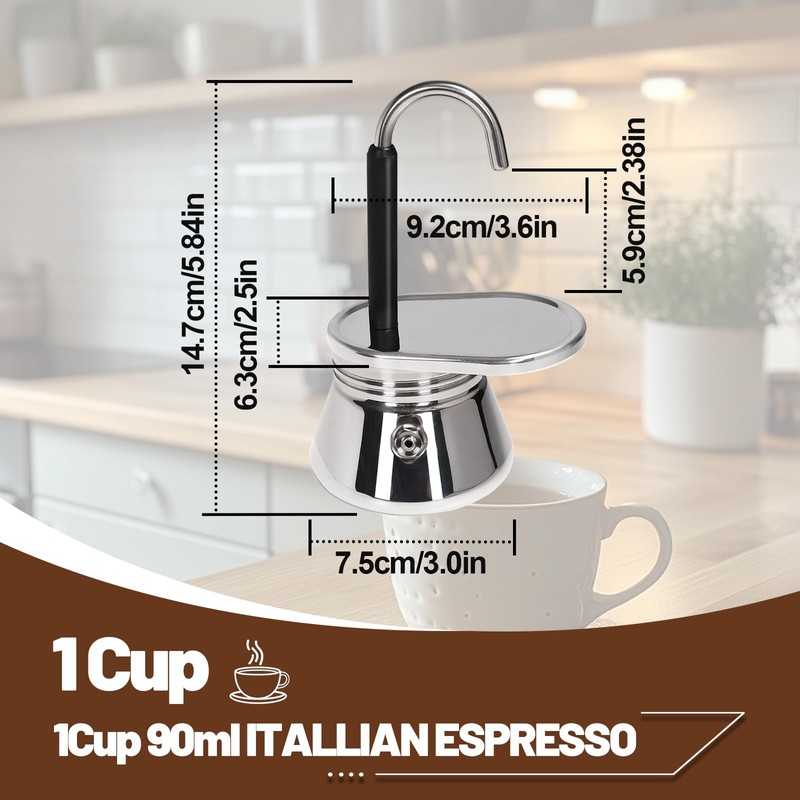 DITOSH 1 Cup Single Tube Moka Pot Stainless Steel Stovetop
