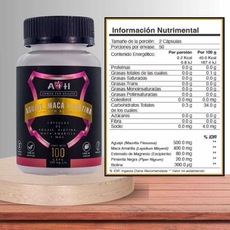 Armor For Health Aguaje Maca Biotina 100 Cápsulas 500mg A4h