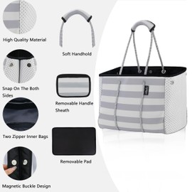 Hibala Neoprene Multipurpose Beach Bag,Gym/Travel/Pool Bag,Tote For Women&Men (Grey Stripe)