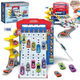 VATOS Sliding Track Truck Car Toy, Parking Toy Storage Track Car Toy with 10 Car