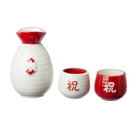 Sun Art SAN2524 “A Cup of Sake with Friends Sake Bottle” Celebratory Sake Sake Bottle and Cup Set, Red and White
