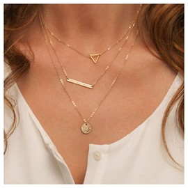 Inilbran Boho Layered Disc Coin Choker Necklace Gold Coin Disc Pendant Necklace Vintage Triangle Necklace Choker Multilayer Horizontal Bar Chain Necklace Jewelry for Women and Girls