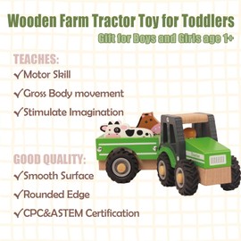 WoodenEdu Wooden Tractor Toys for Toddlers 1-3, Baby Vehicle Toys Hand Push Car Toys for 1 2 3 Year Old Boys Girls (Green)