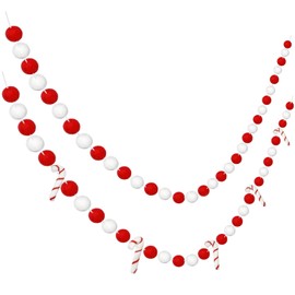 2 Pieces Christmas Felt Ball Garland Candy Cane Garland Candy Cane Pom Pom Garland Felt Ball Garlands Handmade Pom Pom Garland with 65 Pieces Balls and 5 Pieces Candy Cane Ornaments for Christmas
