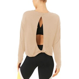 Bestisun Long Sleeve Workout Clothes Open Back Athletic Shirts Athletic Long Sleeve Shirts for Women Khaki M