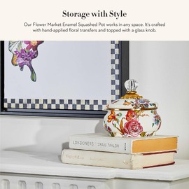 MACKENZIE-CHILDS Enamel Squashed Pot, Cute Enameled Container with Lid, 20 Ounces, White Flower Market