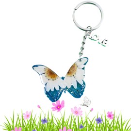 Resin Real Pressed Daisy Flower Butterfly Keychains, Butterflies Keychain With Flowers, Pressed Flower Keychain, Summer Key Chain, Cute Keychains For Women Girls Teens For Birthday (Blue Butterfly)