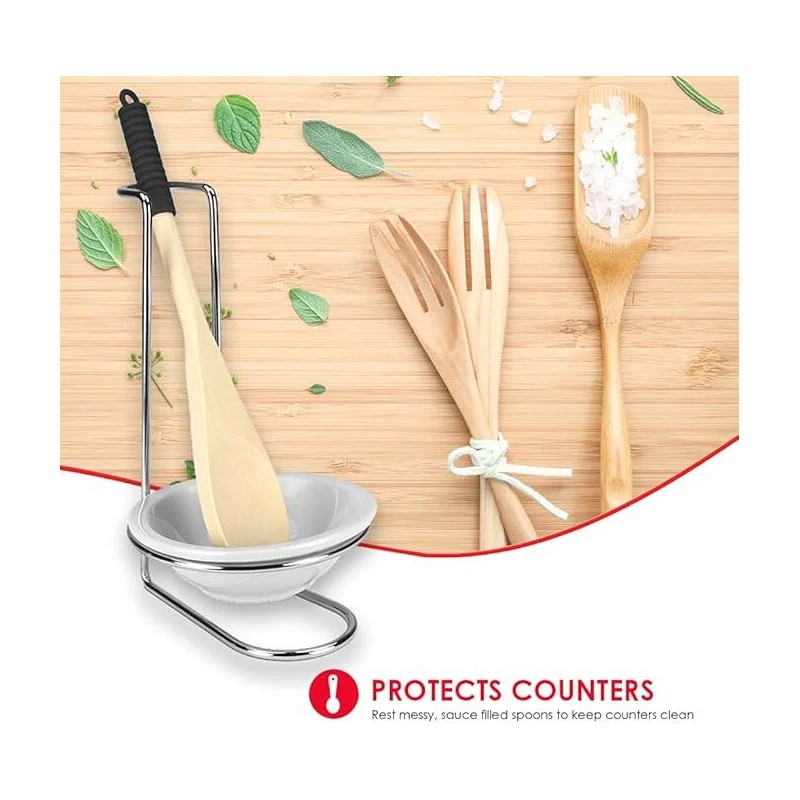 Home Basics Standing Spoon Rest with Ceramic Tray and Wooden
