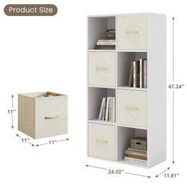 8 Cube Storage Organizer - Solid Wood Bookshelf with 4 Storage Bins, Cube Shelf with 2 Removable Back Panels, Vertical or Horizontal Bookcase, Open Book Shelf for Bedroom, Living Room, Office, White