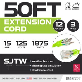 Iron Forge Cable Weatherproof 50 Ft Outdoor Extension Cord Neon Green - 12/3 SJTW 15 Amp Heavy Duty Light Green High Visibility Cable with 3 Prong - Lighted End