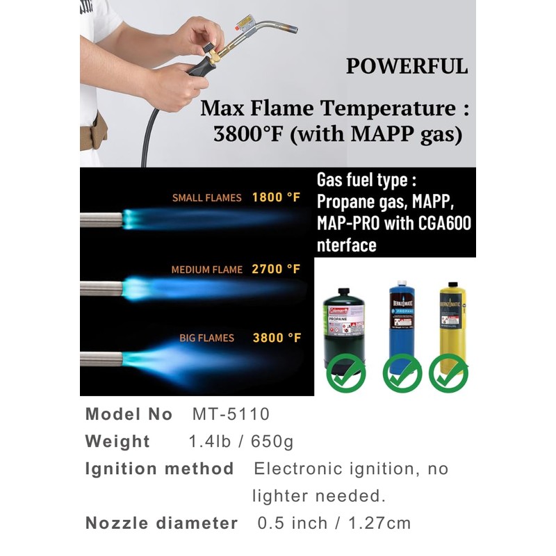 CAMPINGMOON Propane Torch w/ 4.6Ft Hose & Hook CGA600 Interface
