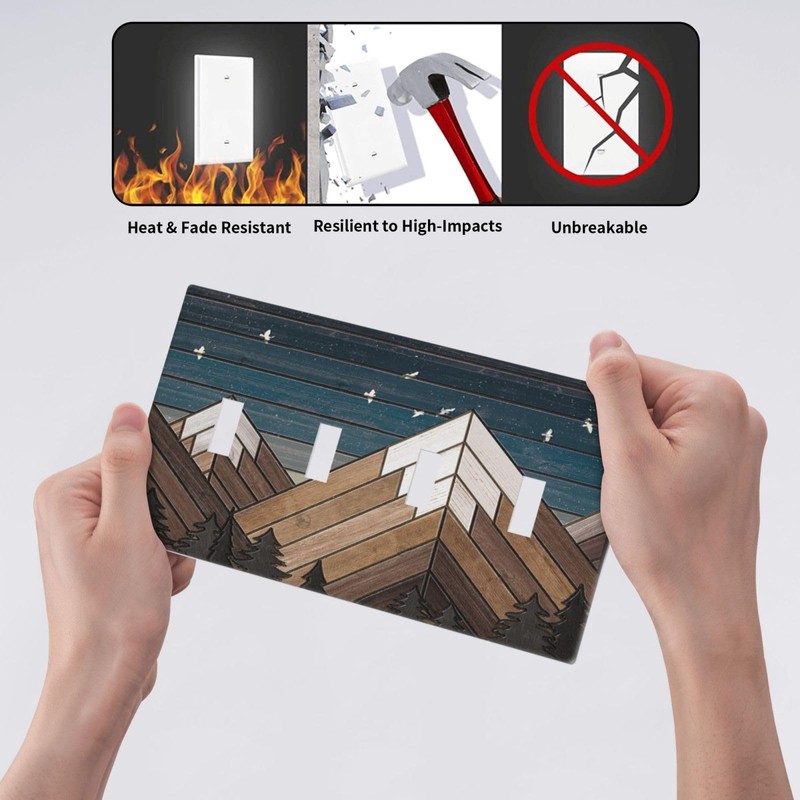 Rustic Geometric Mountain Wilderness Wood 4 Gang Wall Plate Quad