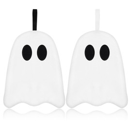 Whaline - 2 toallas de mano de Halloween bordadas de fantasma blanco con cuerda para baño, secado a mano, limpieza de cocina, cocina
