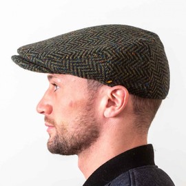Biddy Murphy, Wool Driving Cap Extended Brim Tweed Green Herringbone Cap Made in Ireland Large