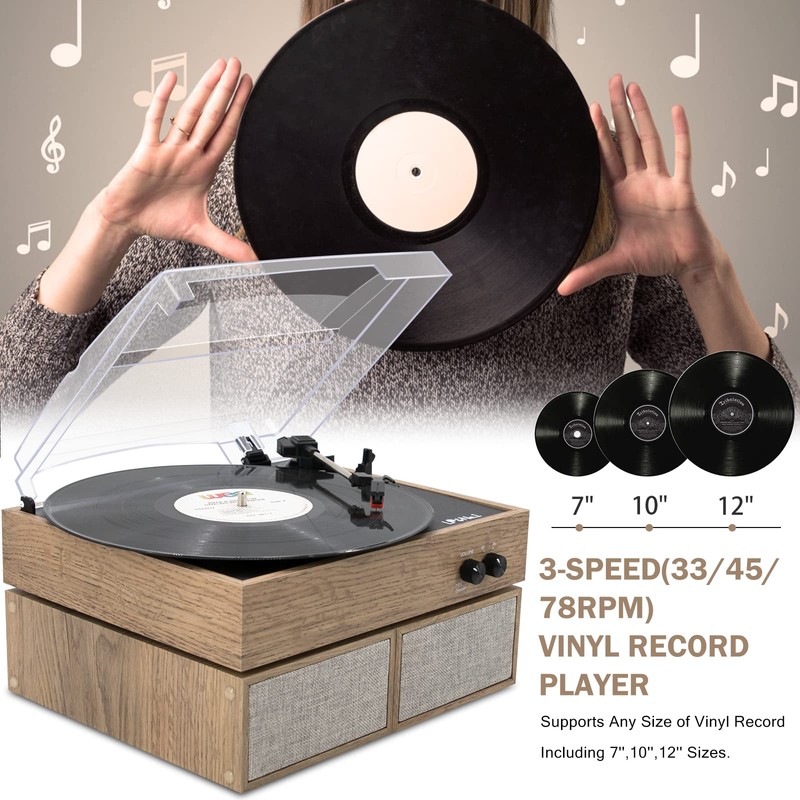 LP&No.1 Wireless Turntable with Stereo Speakers, 3-Speed Vintage Belt-Drive with