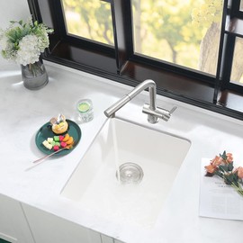 iAnomla 15x15 Inch Undermount Quartz Sink - White Bar Sink with Bottom Grid