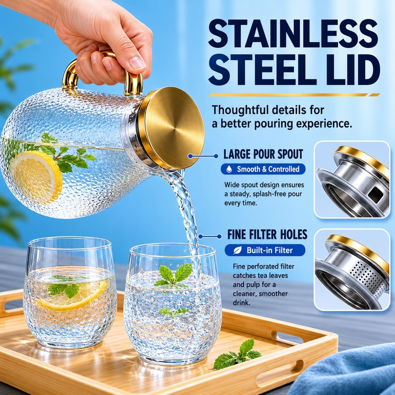 Glass Pitcher with Lid, 68 oz/2L Large Capacity, Textured Design