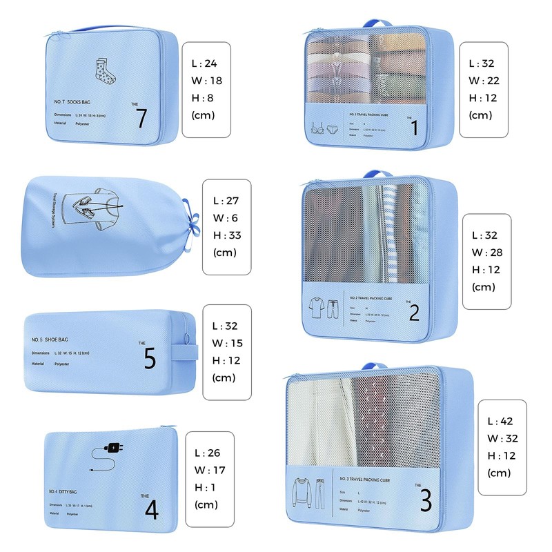 Suitcase Organiser Set, 7 Pieces Packing Cubes, Packing Cubes for