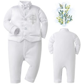 Booulfi Baby Clothing Boys 0-12 Months Romper Newborn Bodysuit Long Sleeve Jumpsuit Winter Baby First Equipment Guest Gift Christening Suit Boy, W24250-White