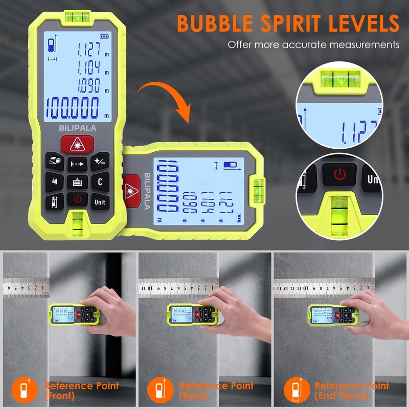 BILIPALA Laser Measure, 100M/328ft Laser Distance Meter with Backlit LCD,