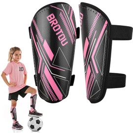 Junior Shin Pads, BROTOU Youth Football Shin Guards, Breathable Non Slip Extended Adjustable Straps Lightweight High Strength Leg Calf Protective Gear for Boys Girls Teens (Black-Pink, L)