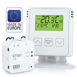 ELEKTROBOCK BT731 Wireless Room Thermostat with Receiver - Stand - Range up to 35 m - For Electric Heating and Infrared Heating - Weekly Programmes and Frost Protection, White