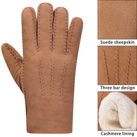Harssidanzar Leather Mens Glove,Suede Lambskin Shearling Fur Cuff Thick Wool Lined Heated Warm for Winter Cold Weather Dress Driving Gloves KM043UK,Cammel,Size L