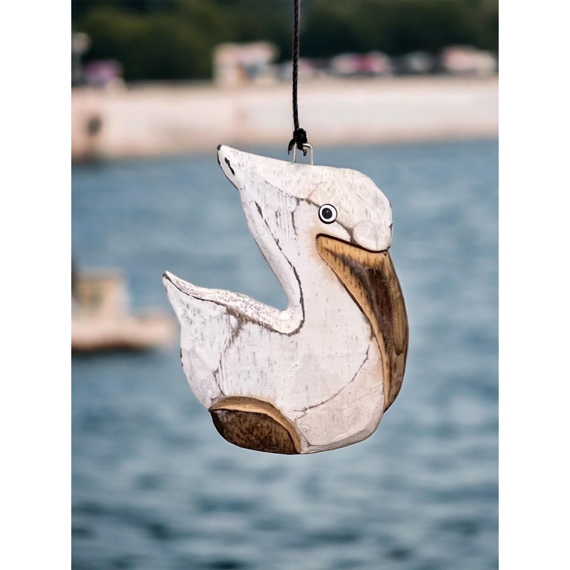 Coastal Pelican Windchime – Whitewashed Bamboo & Distressed White Wood
