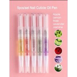 Nail Cuticle Oil Pen Set, 5 Scents - Apple, Lemon, Rose, Lavender, Jasmine, Moisturizing Treatment for Nails and Cuticles