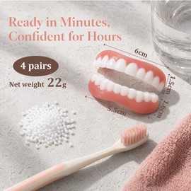SPOKKI 4 Pairs False Teeth, White Dentures Comfortable Fake Teeth Covers with Thermal Beads Top and Bottom Instant Smile Veneers for Women Men Tooth Repair