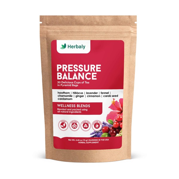 Herbaly Pressure Balance Tea - 9 Superherbs - Pressure, Cholesterol, Cardiovascular Health, Circulatory System - Natural, Organic, Non-GMO, Caffeine-Free, Sugar Free - 1 Pack, 30 Pyramid Tea Bags