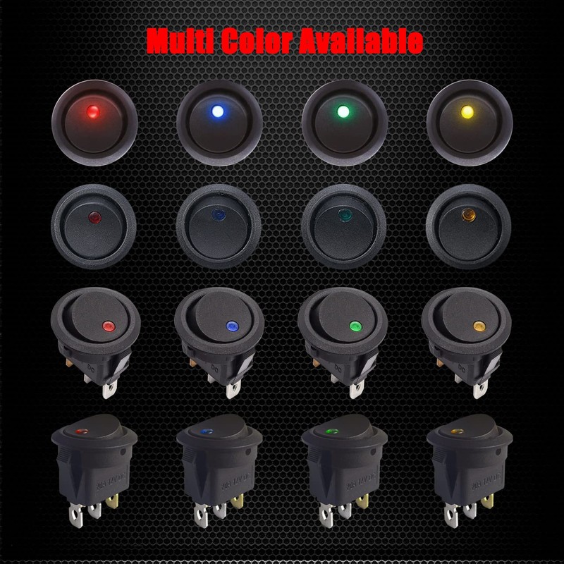 Ampper DC 12V 20A Illuminated Round Rocker Switches, 3 Pin