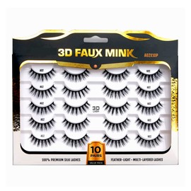 Laflare Premium Silk Lashes 3D Faux Mink Eyelashes Multipack, Light, Natural Looking, Professional Easy to Apply Eyelashes in a Knitted Style 10 Pairs Jumbo Pack (A02X10P)