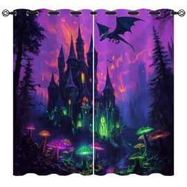 Magic Castle Blackout Curtains for Kids Teen Boys Home Decor,Dragon Fantasy Mystical Wizard Mushroom Grommet Thermal Insulated Drapes Darkening Window Curtain for Bedroom Living Room, 42 x 45 Inch