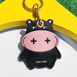 Leather Anti-Lost Keychain Case Cover for AirTags Tracker Holder, Anti-Drop Scratch Cute Black Hippo AirTag Holder with Keychain Accessories for Women Kids Pets Backpacks (Black Hippo)