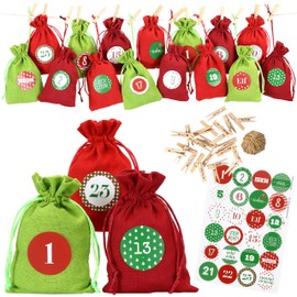 Papierdrachen 24 Advent Calendar Fabric Bags for Filling – with Number Stickers from 1-24 – Fabric Bag to Decorate Yourself – Gift Bag – Red Green Set No. 28