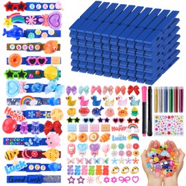 JOICEE 80 Set Cheer Pins Spirit Clips,80 Clothes Pins 126 Mini Resin Animals Bows Daisy and Stickers Pen Over 300 Beads Pearls for Cheerleading Backpacks Ribbon Team Classroom Cheer Gifts Bulk(Blue)