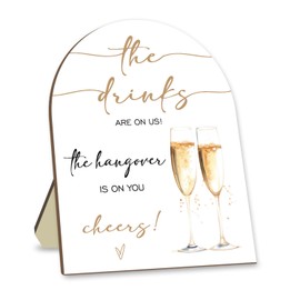 Hatzelou Wooden Sign with Stand, 'The Drinks Are On Us' Bar Decor, 8x10 Inches, Modern Rectangular Sign for Party Decorations