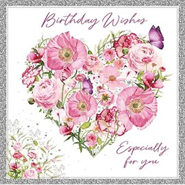 Nigel Quiney General Female Birthday Card for Women/Girls - Pink Floral Heart with Silver Foil - Eco-Friendly & Recyclable - Made in Britain