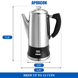 APOXCON Electric Coffee Percolator Stainless Steel Coffee Maker with Clear Brew Progress Tough Glass Knob and On/OFF Switch Classic Coffee Pot with Keep Warm & Cordless Serve No Aluminum (12 Cup)