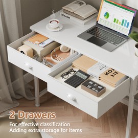 Furologee White Small Computer Desk with 2 Fabric Drawers for Bedroom,34 Inch Simple Home Office Writing Desk, Vanity Desk with Hooks, Study Table for Adults Student Small Spaces