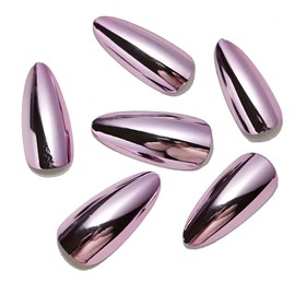 Pink Chrome Press On Nails Medium Almond, 24pcs Pink Mirror Chrome Glossy Fake Nails, Acrylic Nails Chrome Full Cover False Nails Shiny Artificial Nails Glue On Nails For Women Girls Party Wear