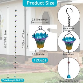 Qipade 10FT Rain Chains for Outside, Rain Gutter Chain with 12 Lily Cups, Adjustable Rain Water Chain with Bell for Eaves Drainage, Replacement for Downspout