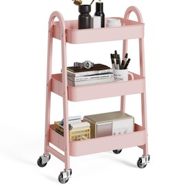 OLIXIS 3 Tier Utility Rolling Cart, Metal Mobile Storage Shelf with Lockable Caster Wheels, Organization for Livingroom, Bathroom, Kitchen, & Narrow Places, Pink