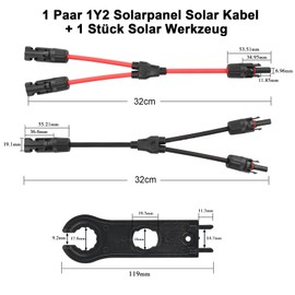 DERUXI 6 mm² 2 Pairs Solar Cable Y Splitter 1 Piece Solar Tool 1Y2 Solar Panel Cable MMF + FFM for Parallel PV Solar Panel, Solar Connector Y Cable Y-Branch Parallel Adapter PV Cable, 2 Red + 2 Black